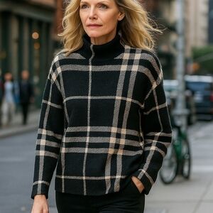 Akris Punto Black and Tan Plaid Turtleneck Sweater